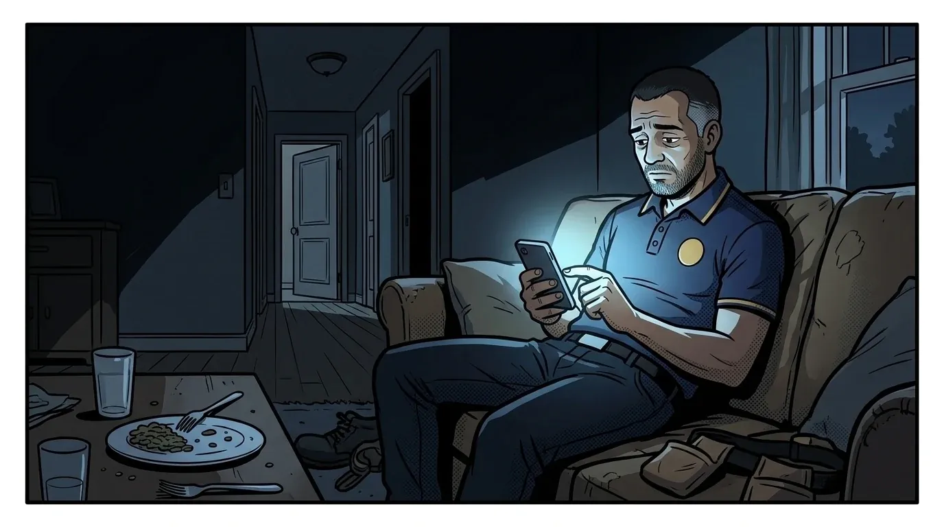 Davi cansado no sofá, à noite, mexendo no celular, com o prato do jantar frio na mesa e a família dormindo