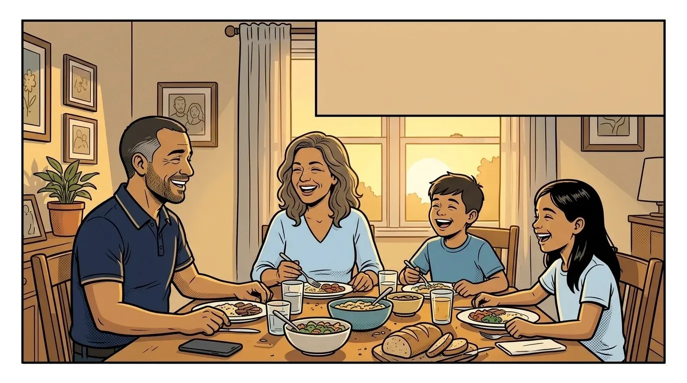Davi rindo no jantar com a esposa e os dois filhos, celular virado para baixo na mesa