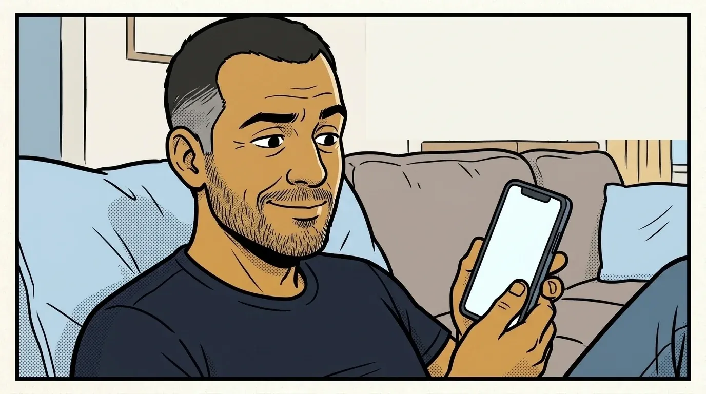 Davi descansado no sofá olhando o celular com curiosidade