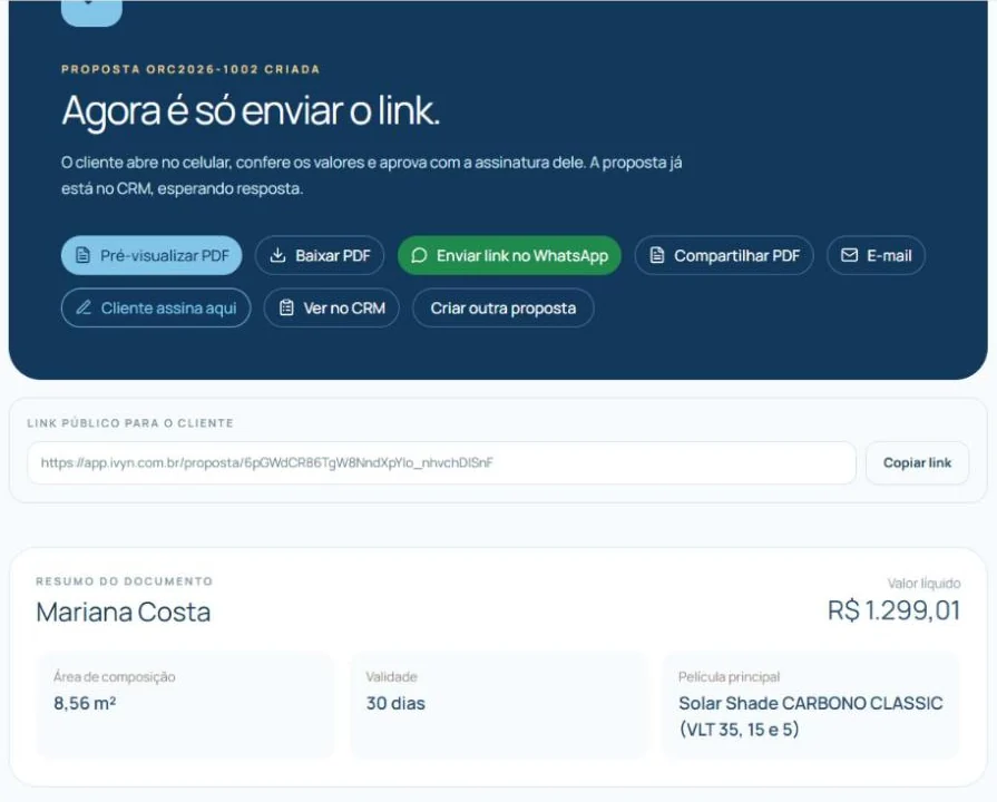 Proposta criada, com o botão Enviar link no WhatsApp